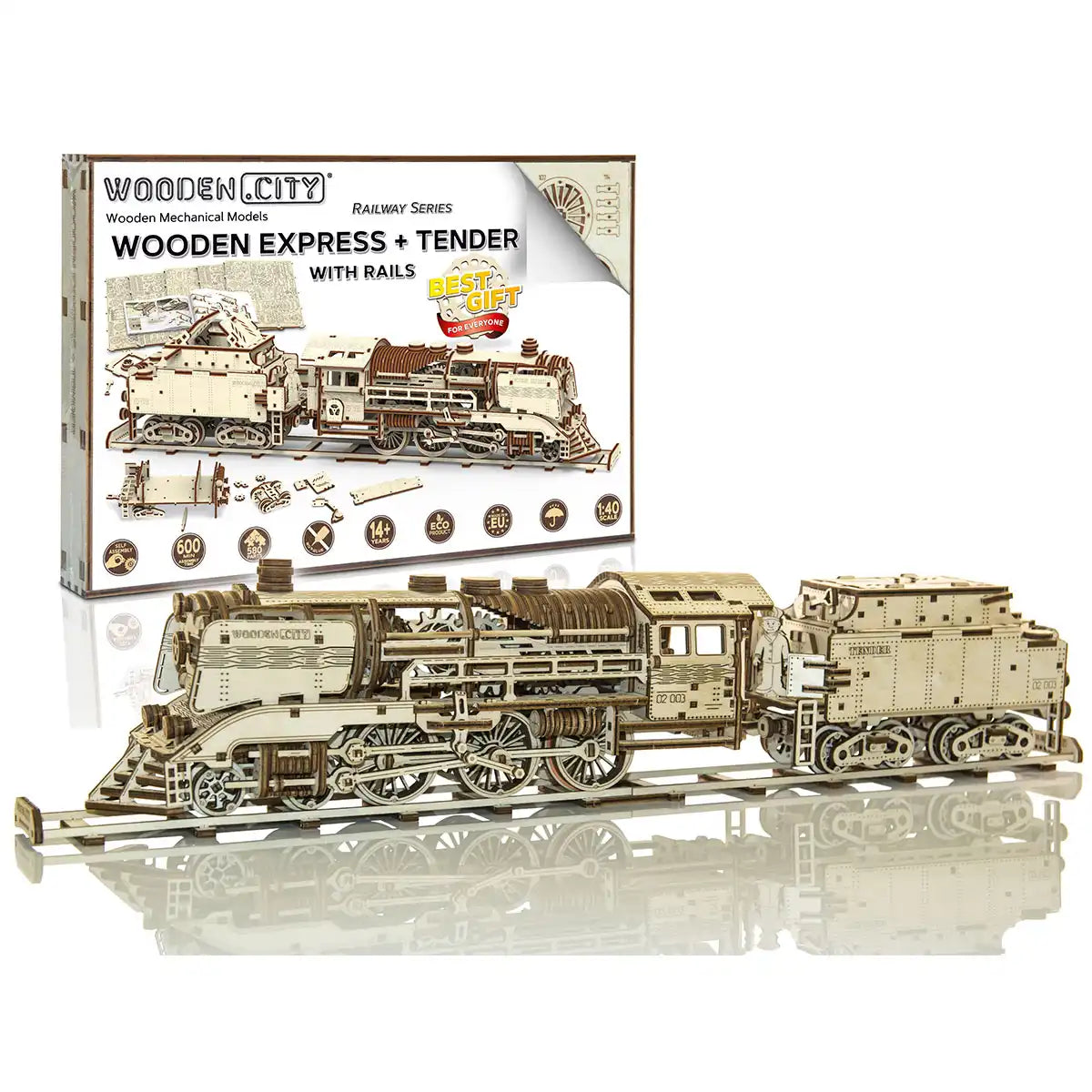 Wooden City WR323 3D Wooden Train Puzzle – Wooden Express + Tender with Rails