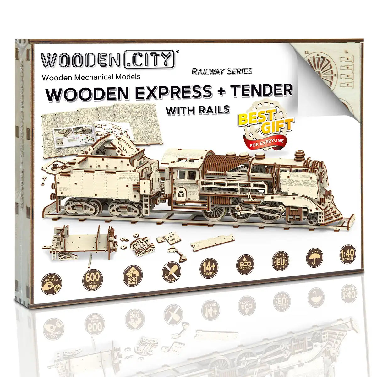 Wooden City WR323 3D Wooden Train Puzzle – Wooden Express + Tender with Rails