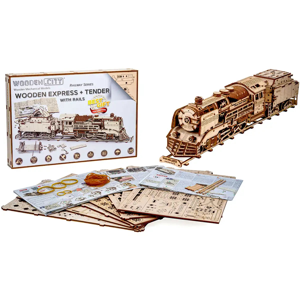 Wooden City WR323 3D Wooden Train Puzzle – Wooden Express + Tender with Rails